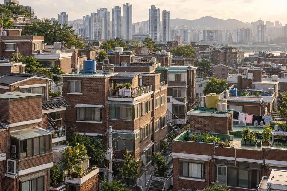 물탱크가 놓인 붉은 벽돌 다세대 주택이 빽빽한 동네와 뒤편 고층 아파트
