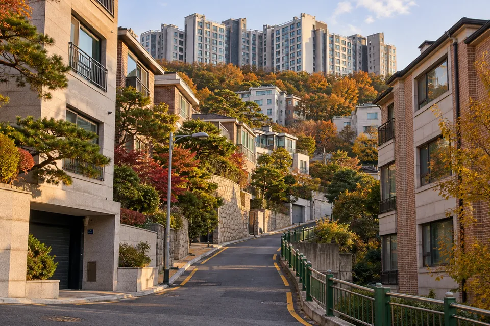 옹벽과 초록 난간을 따라 언덕을 오르는 길과 빌라, 언덕 위 아파트