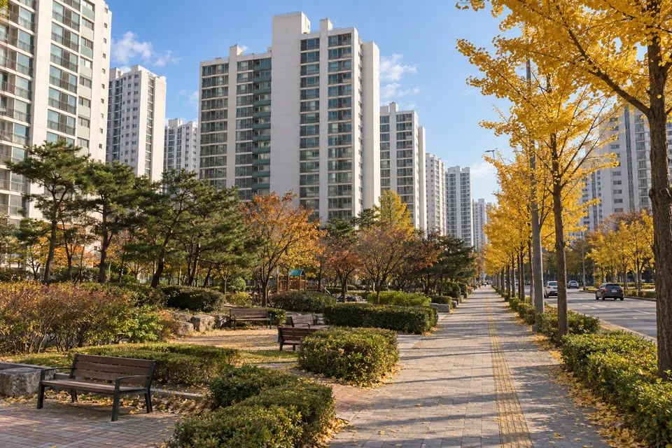 은행나무 길과 작은 공원 옆으로 늘어선 대단지 아파트