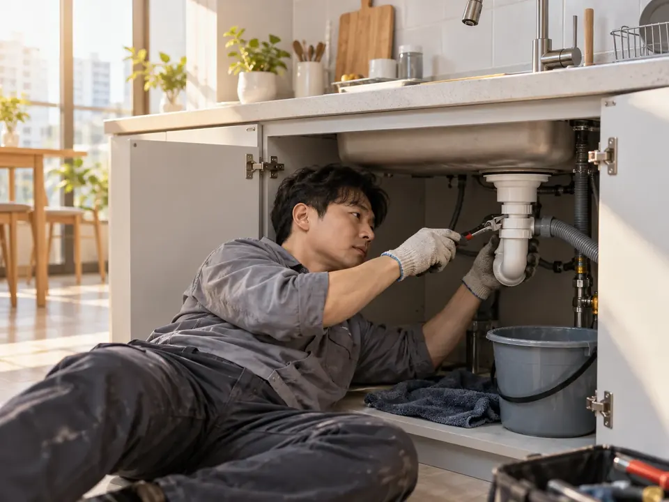 싱크대 아래에 누워 배수 트랩을 분리하는 기사